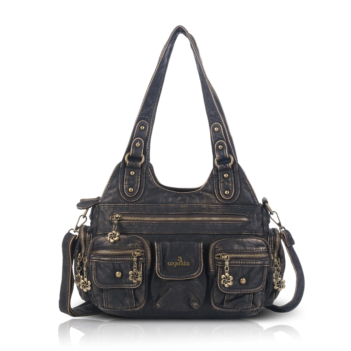 Vintage Bronze PU Leather Handbag – Multi-Pocket Shoulder Tote & Crossbody Bag