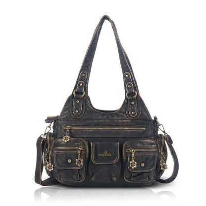 Vintage Bronze PU Leather Handbag – Multi-Pocket Shoulder Tote & Crossbody Bag