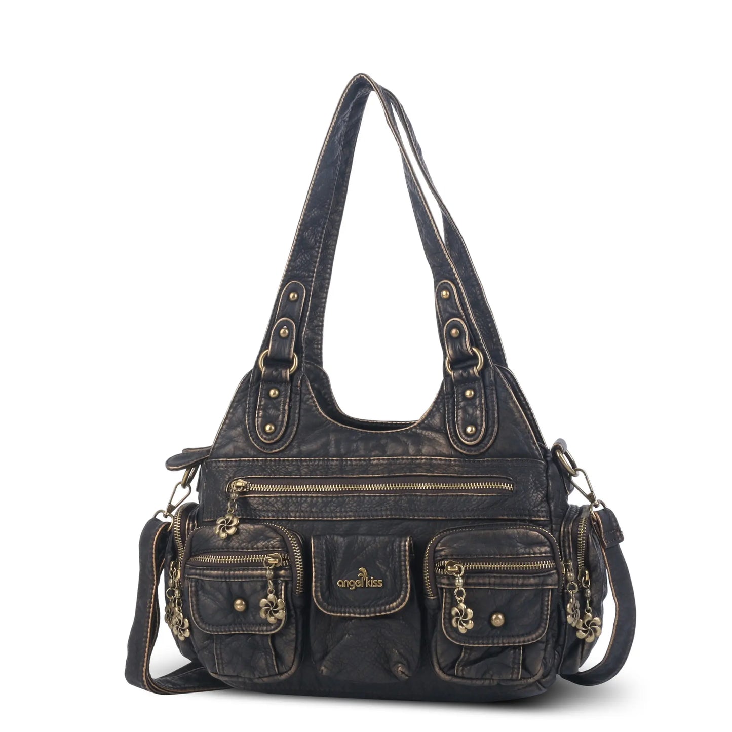 Vintage Bronze PU Leather Handbag – Multi-Pocket Shoulder Tote & Crossbody Bag