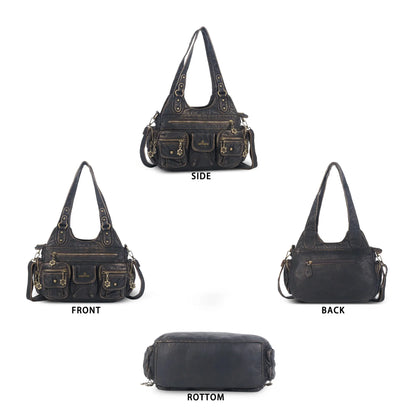 Vintage Bronze PU Leather Handbag – Multi-Pocket Shoulder Tote & Crossbody Bag