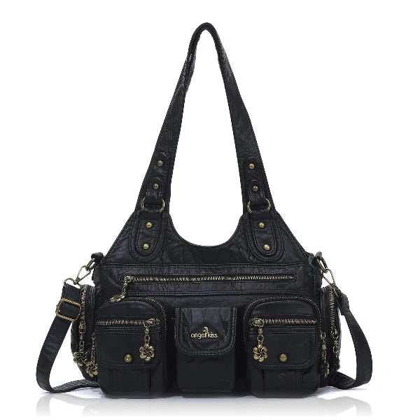 Vintage Bronze PU Leather Handbag – Multi-Pocket Shoulder Tote & Crossbody Bag
