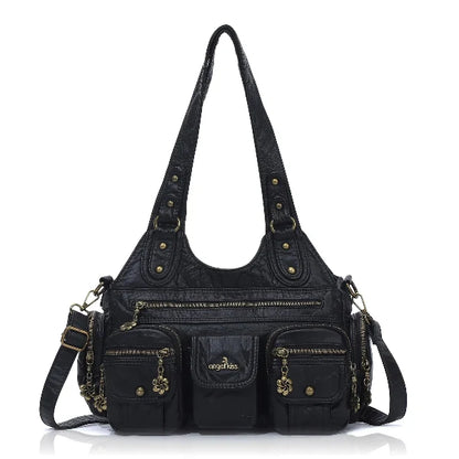 Vintage Bronze PU Leather Handbag – Multi-Pocket Shoulder Tote & Crossbody Bag