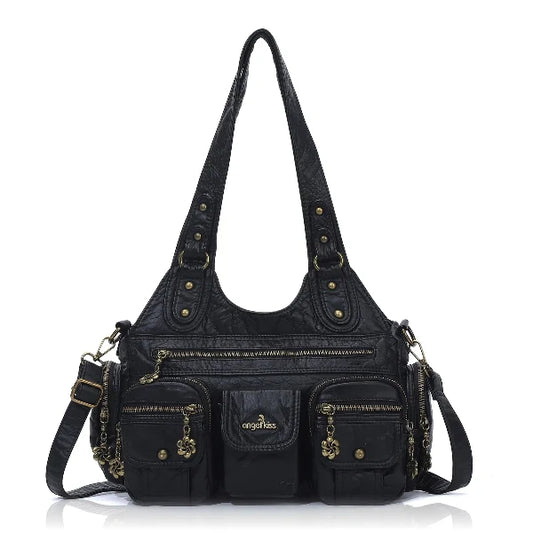 Vintage Bronze PU Leather Handbag – Multi-Pocket Shoulder Tote & Crossbody Bag