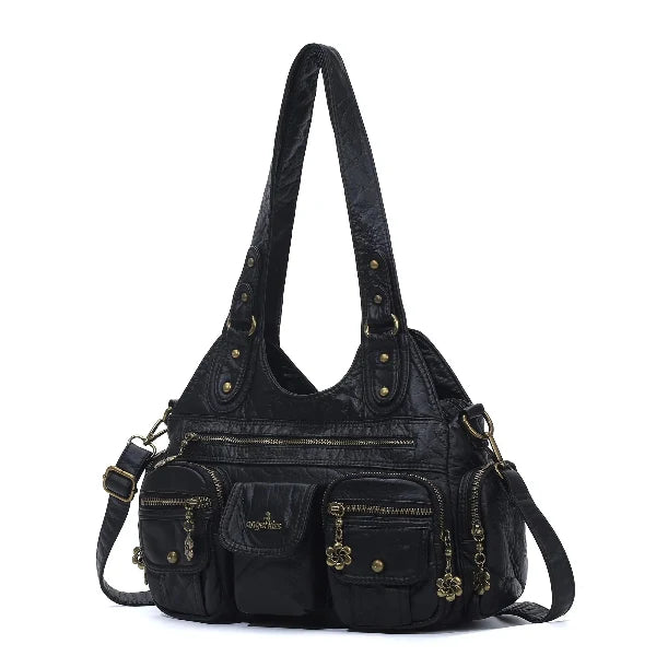 Vintage Bronze PU Leather Handbag – Multi-Pocket Shoulder Tote & Crossbody Bag