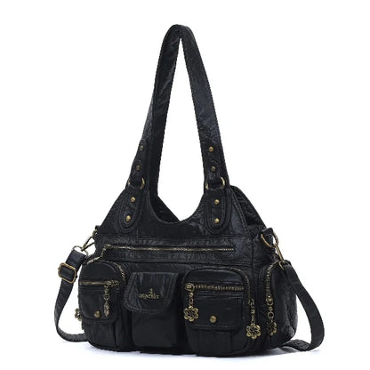 Vintage Bronze PU Leather Handbag – Multi-Pocket Shoulder Tote & Crossbody Bag