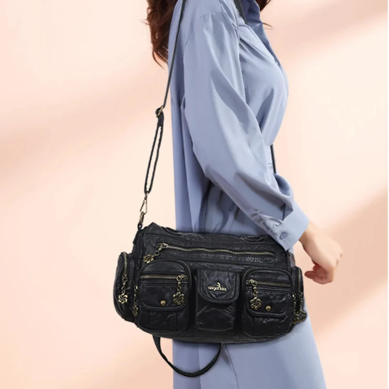 Vintage Bronze PU Leather Handbag – Multi-Pocket Shoulder Tote & Crossbody Bag
