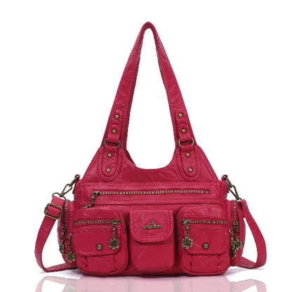 Vintage Bronze PU Leather Handbag – Multi-Pocket Shoulder Tote & Crossbody Bag