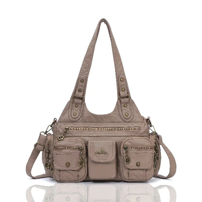 Vintage Bronze PU Leather Handbag – Multi-Pocket Shoulder Tote & Crossbody Bag