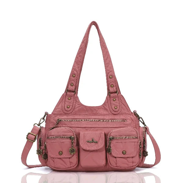 Vintage Bronze PU Leather Handbag – Multi-Pocket Shoulder Tote & Crossbody Bag