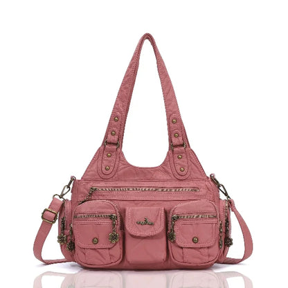 Vintage Bronze PU Leather Handbag – Multi-Pocket Shoulder Tote & Crossbody Bag