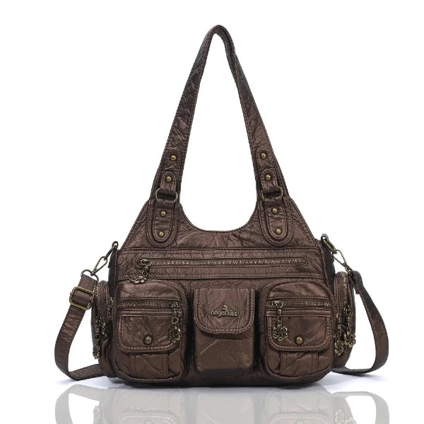 Vintage Bronze PU Leather Handbag – Multi-Pocket Shoulder Tote & Crossbody Bag