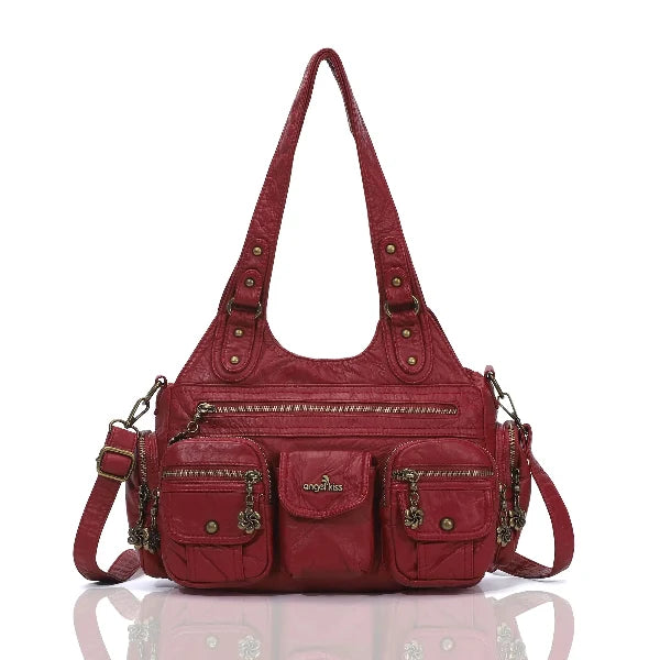 Vintage Bronze PU Leather Handbag – Multi-Pocket Shoulder Tote & Crossbody Bag