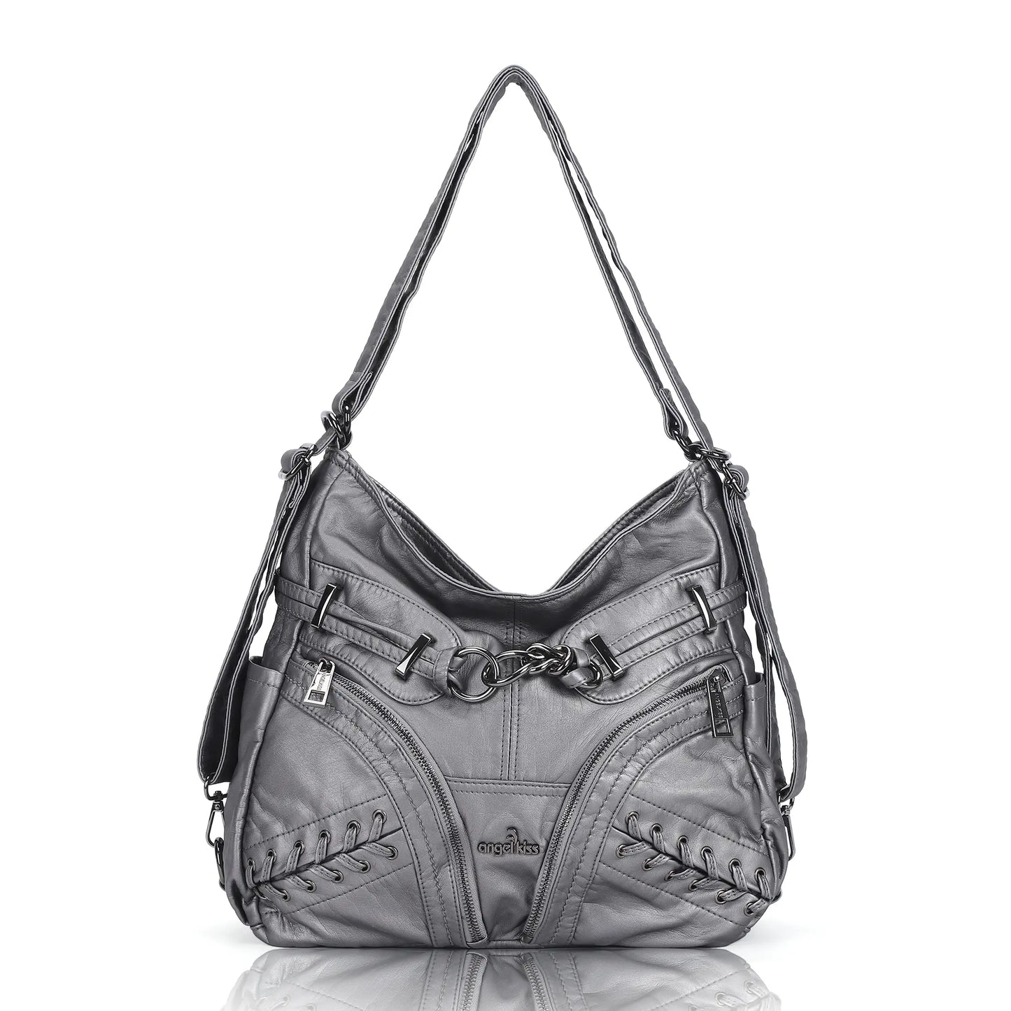 Angelkiss Vintage PU Leather Multi-Pocket Shoulder Handbag
