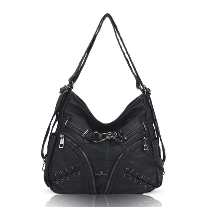 Angelkiss Vintage PU Leather Multi-Pocket Shoulder Handbag