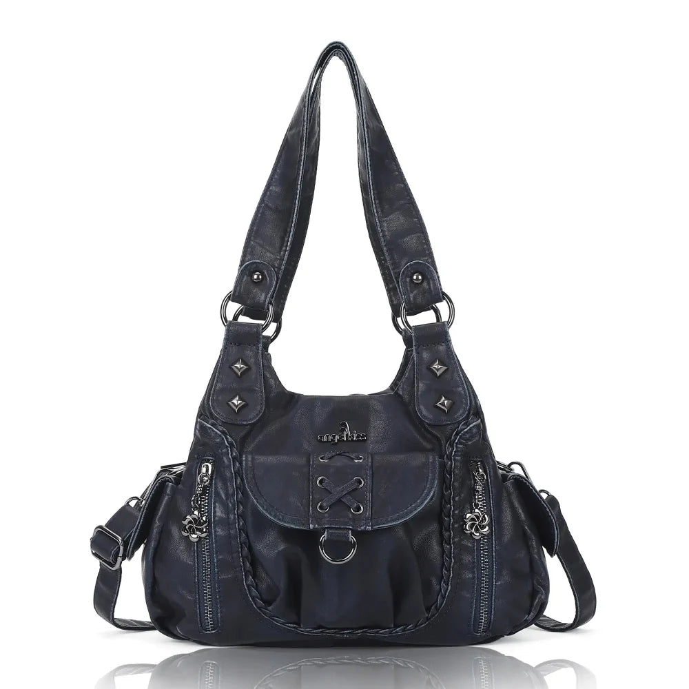 Angelkiss Women’s Vegan Leather Shoulder Handbag – Multi-Pocket Vintage Tote Bag with Adjustable Strap