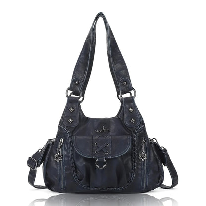 Angelkiss Women’s Vegan Leather Shoulder Handbag – Multi-Pocket Vintage Tote Bag with Adjustable Strap