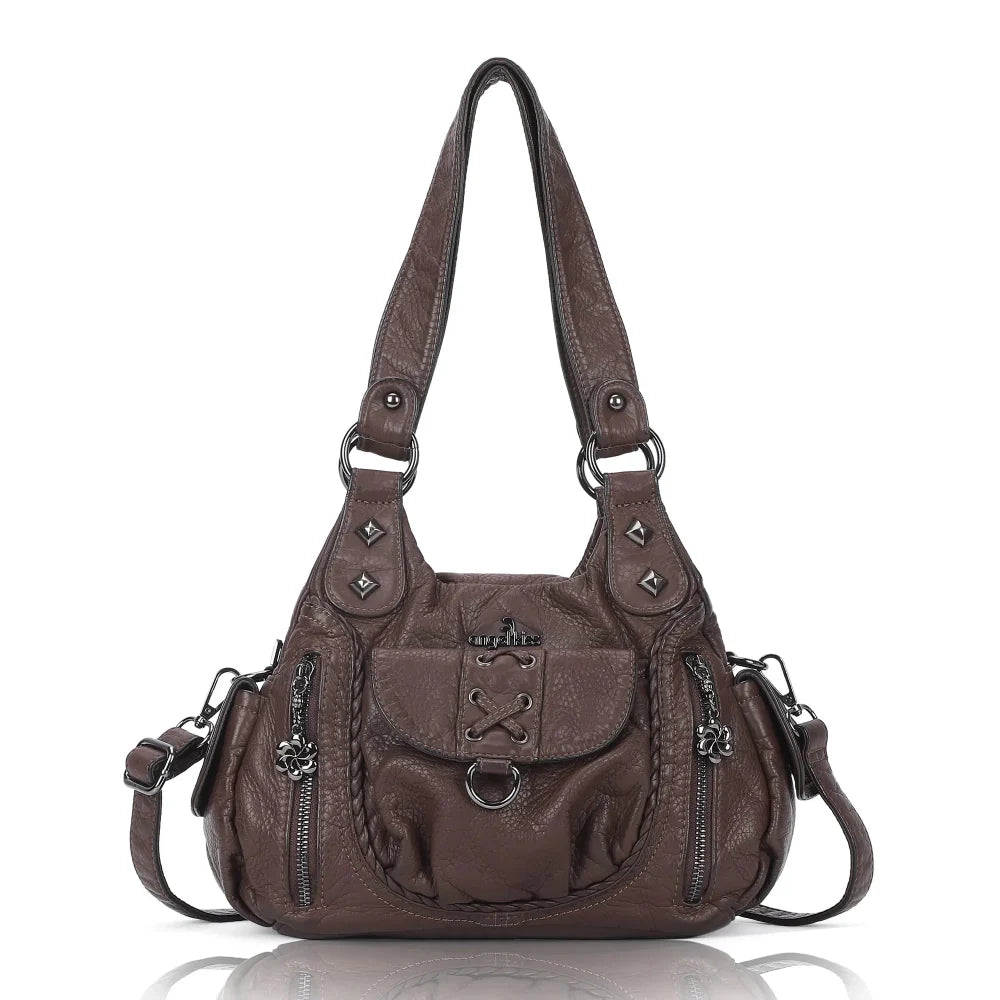 Angelkiss Women’s Vegan Leather Shoulder Handbag – Multi-Pocket Vintage Tote Bag with Adjustable Strap