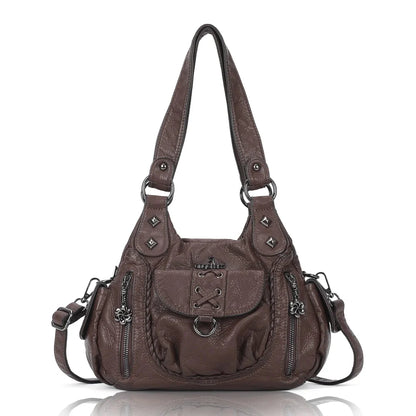 Angelkiss Women’s Vegan Leather Shoulder Handbag – Multi-Pocket Vintage Tote Bag with Adjustable Strap