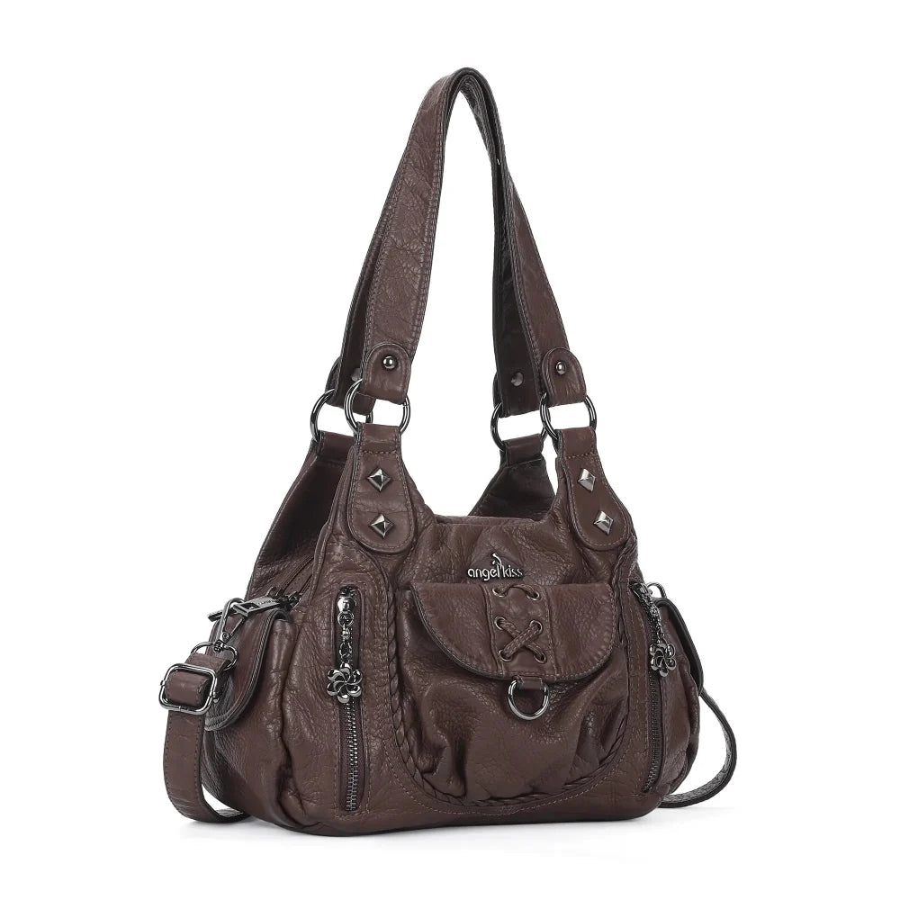 Angelkiss Women’s Vegan Leather Shoulder Handbag – Multi-Pocket Vintage Tote Bag with Adjustable Strap