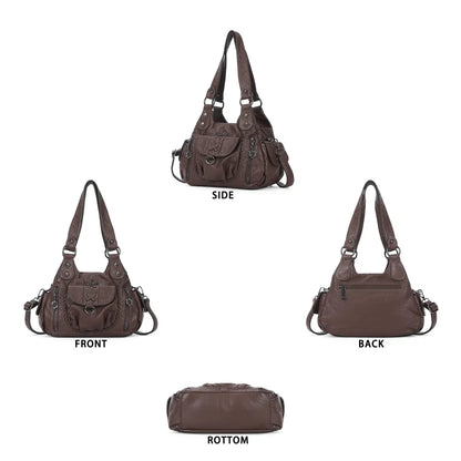 Angelkiss Women’s Vegan Leather Shoulder Handbag – Multi-Pocket Vintage Tote Bag with Adjustable Strap