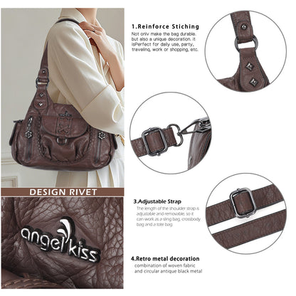 Angelkiss Women’s Vegan Leather Shoulder Handbag – Multi-Pocket Vintage Tote Bag with Adjustable Strap