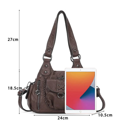 Angelkiss Women’s Vegan Leather Shoulder Handbag – Multi-Pocket Vintage Tote Bag with Adjustable Strap