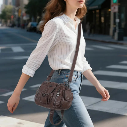 Angelkiss Women’s Vegan Leather Shoulder Handbag – Multi-Pocket Vintage Tote Bag with Adjustable Strap