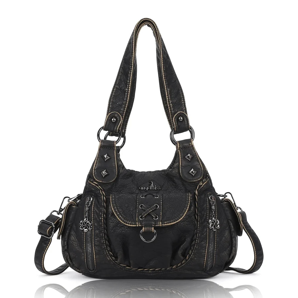Angelkiss Women’s Vegan Leather Shoulder Handbag – Multi-Pocket Vintage Tote Bag with Adjustable Strap