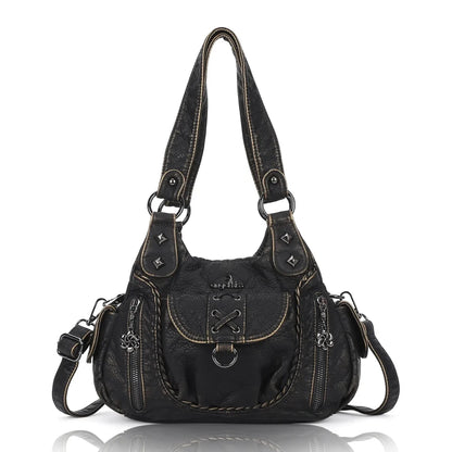 Angelkiss Women’s Vegan Leather Shoulder Handbag – Multi-Pocket Vintage Tote Bag with Adjustable Strap
