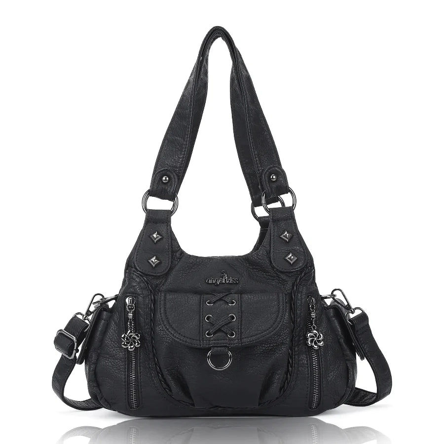 Angelkiss Women’s Vegan Leather Shoulder Handbag – Multi-Pocket Vintage Tote Bag with Adjustable Strap