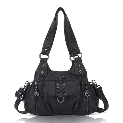 Angelkiss Women’s Vegan Leather Shoulder Handbag – Multi-Pocket Vintage Tote Bag with Adjustable Strap