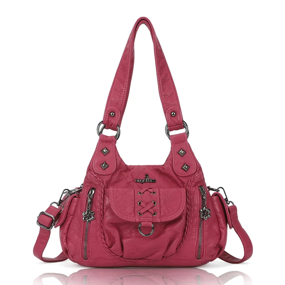 Angelkiss Women’s Vegan Leather Shoulder Handbag – Multi-Pocket Vintage Tote Bag with Adjustable Strap
