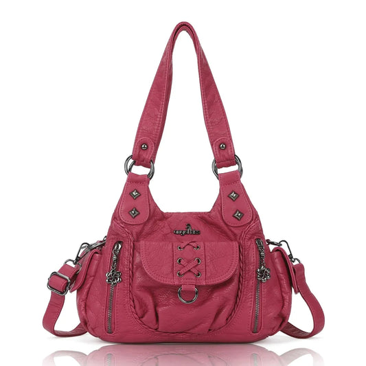 Angelkiss Women’s Vegan Leather Shoulder Handbag – Multi-Pocket Vintage Tote Bag with Adjustable Strap