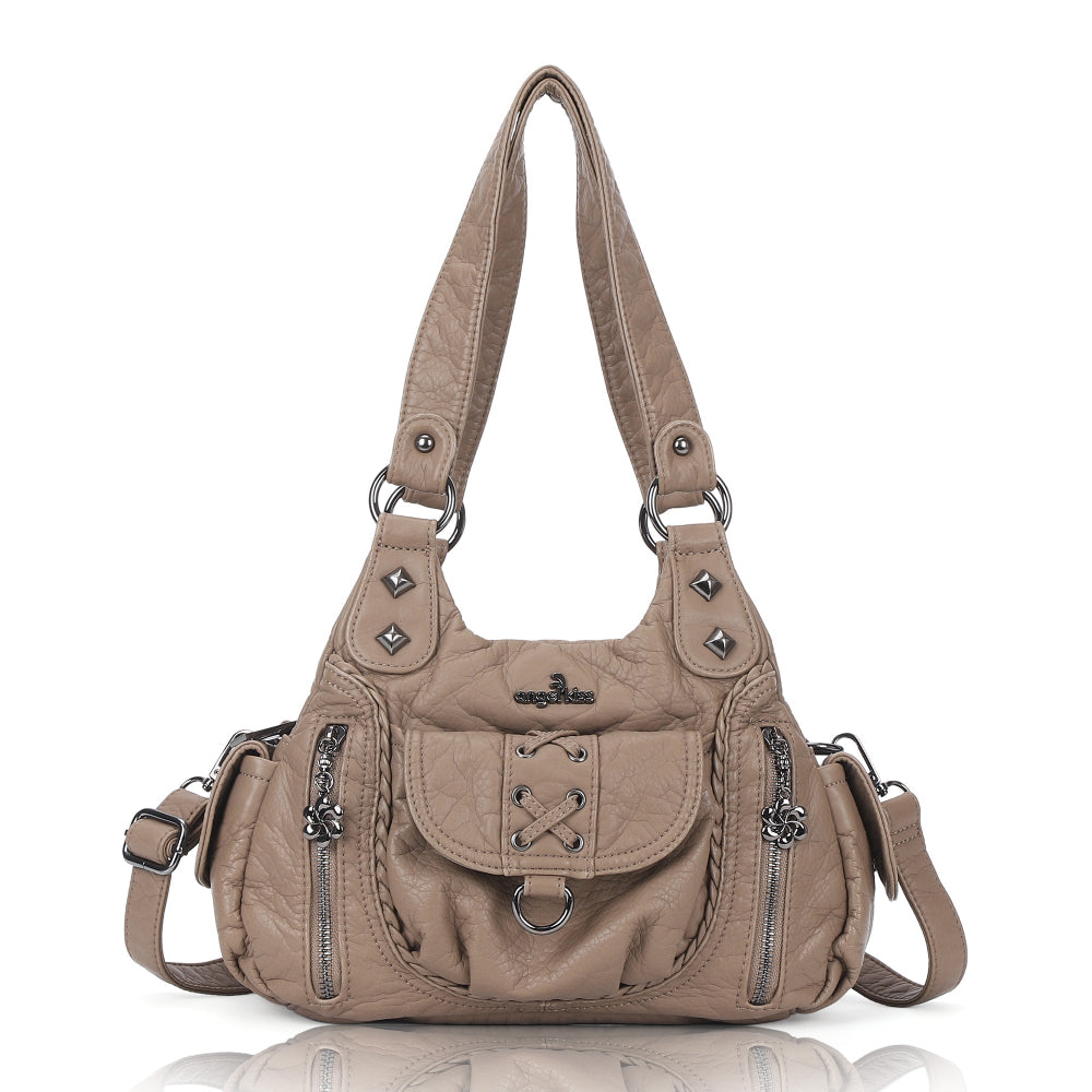 Angelkiss Women’s Vegan Leather Shoulder Handbag – Multi-Pocket Vintage Tote Bag with Adjustable Strap