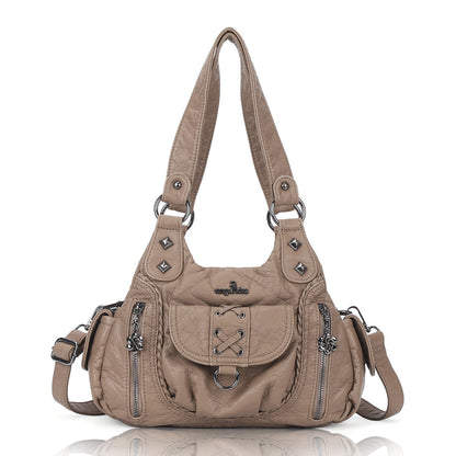 Angelkiss Women’s Vegan Leather Shoulder Handbag – Multi-Pocket Vintage Tote Bag with Adjustable Strap