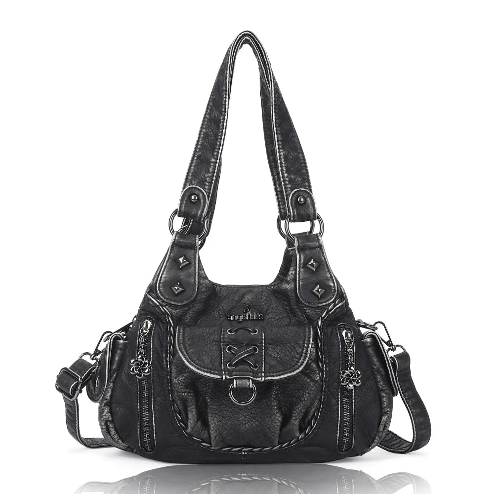 Angelkiss Women’s Vegan Leather Shoulder Handbag – Multi-Pocket Vintage Tote Bag with Adjustable Strap