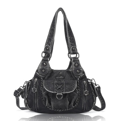 Angelkiss Women’s Vegan Leather Shoulder Handbag – Multi-Pocket Vintage Tote Bag with Adjustable Strap