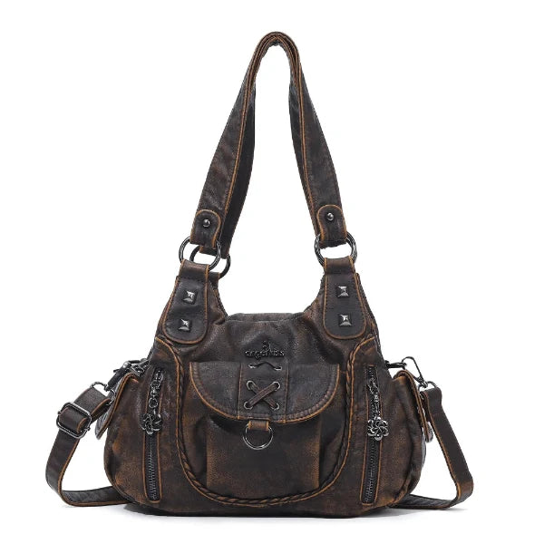 Angelkiss Women’s Vegan Leather Shoulder Handbag – Multi-Pocket Vintage Tote Bag with Adjustable Strap