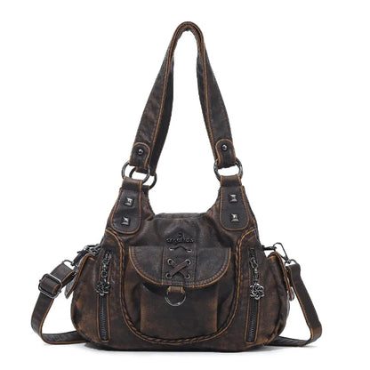 Angelkiss Women’s Vegan Leather Shoulder Handbag – Multi-Pocket Vintage Tote Bag with Adjustable Strap